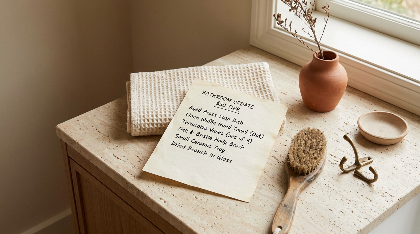 Bathroom decor budget $50 tier shopping list flat lay