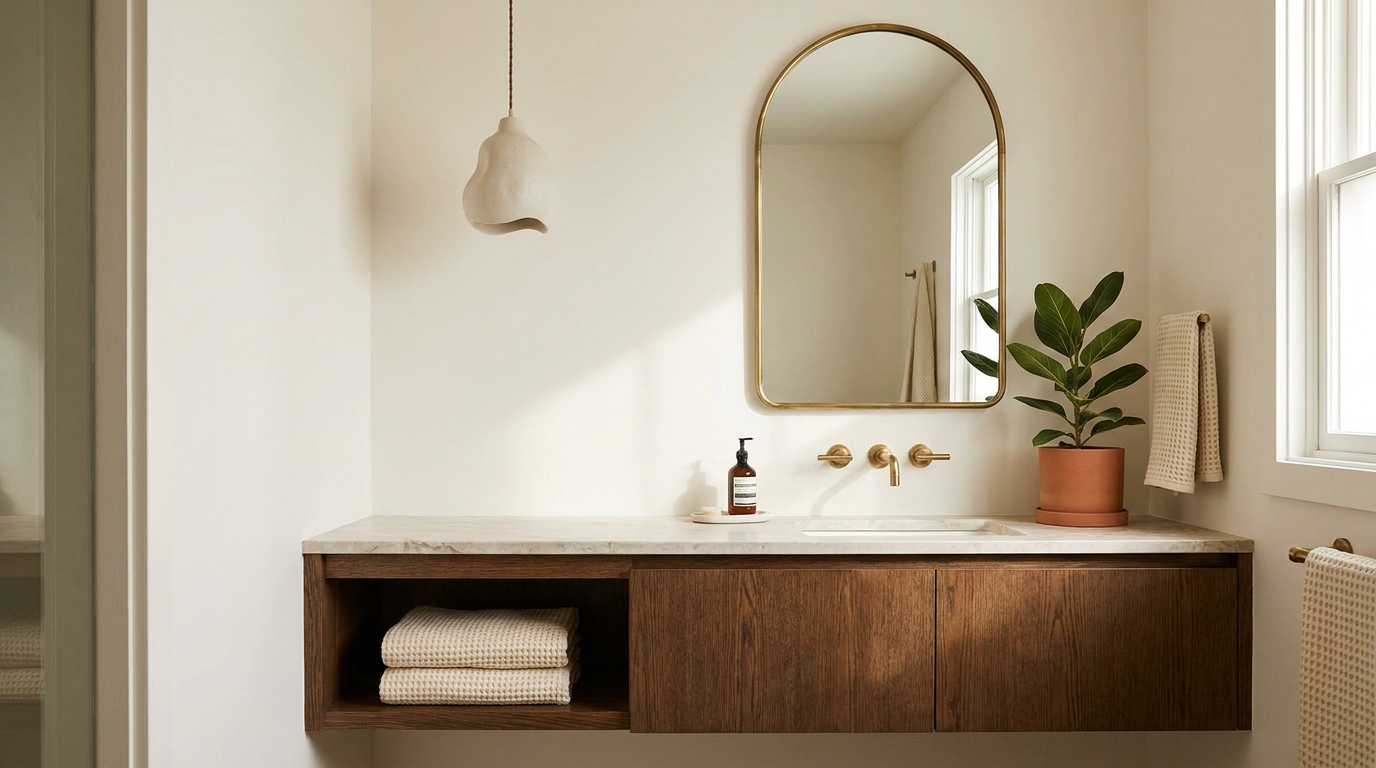 Bathroom budget $500 designed tier with arched mirror and pendant