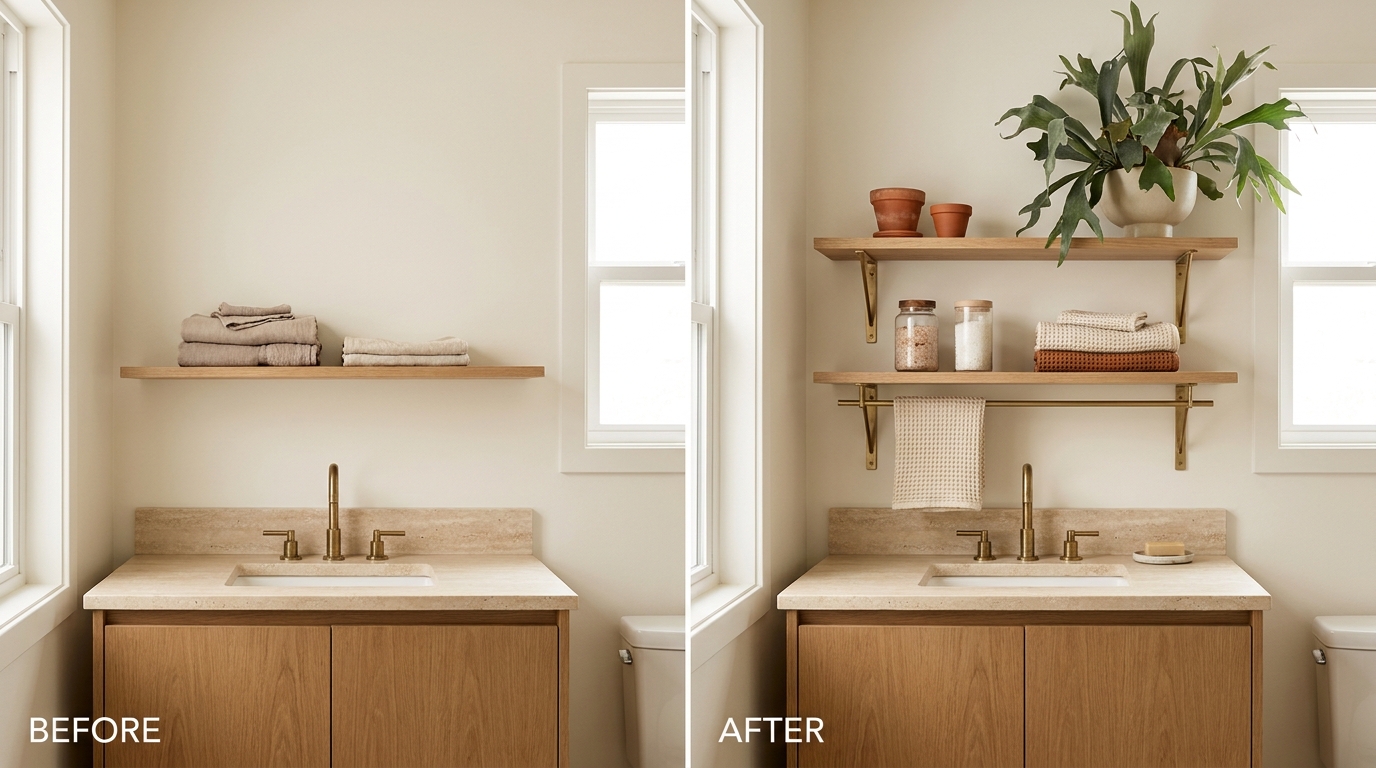 Bathroom before and after wall and shelf details