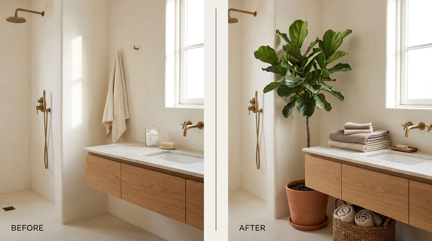 Bathroom before and after plant and texture details