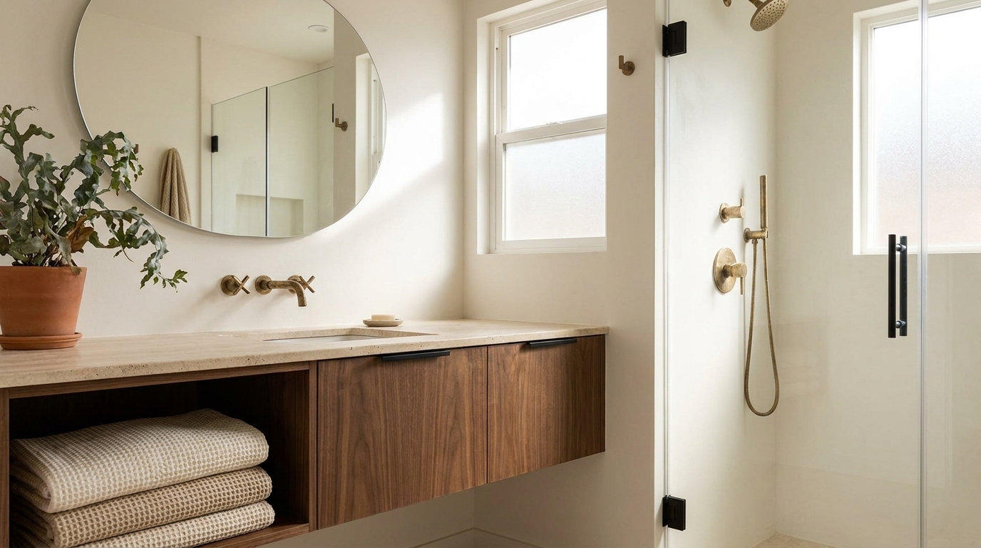Modern bathroom example with matte black hardware and frameless mirror