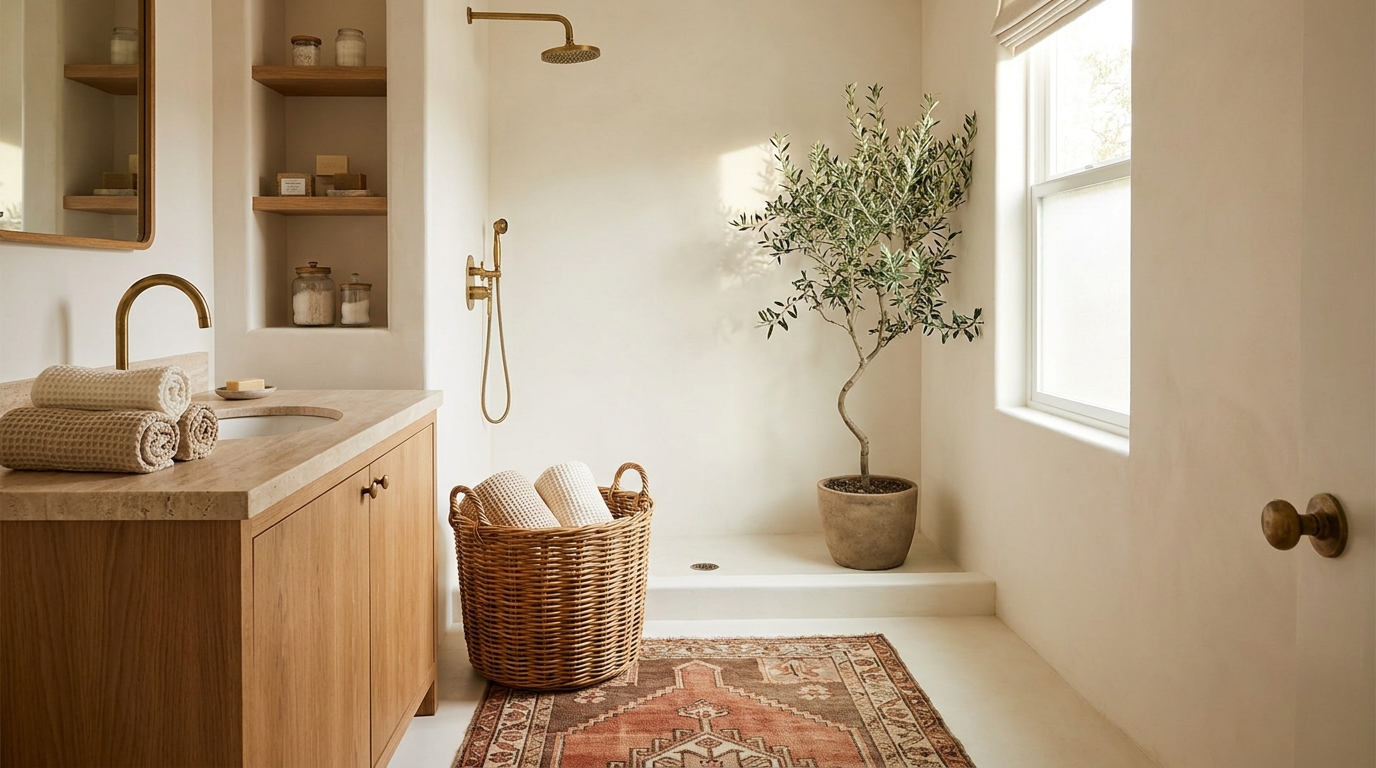 Boho bathroom with rattan basket vintage rug and brass hardware