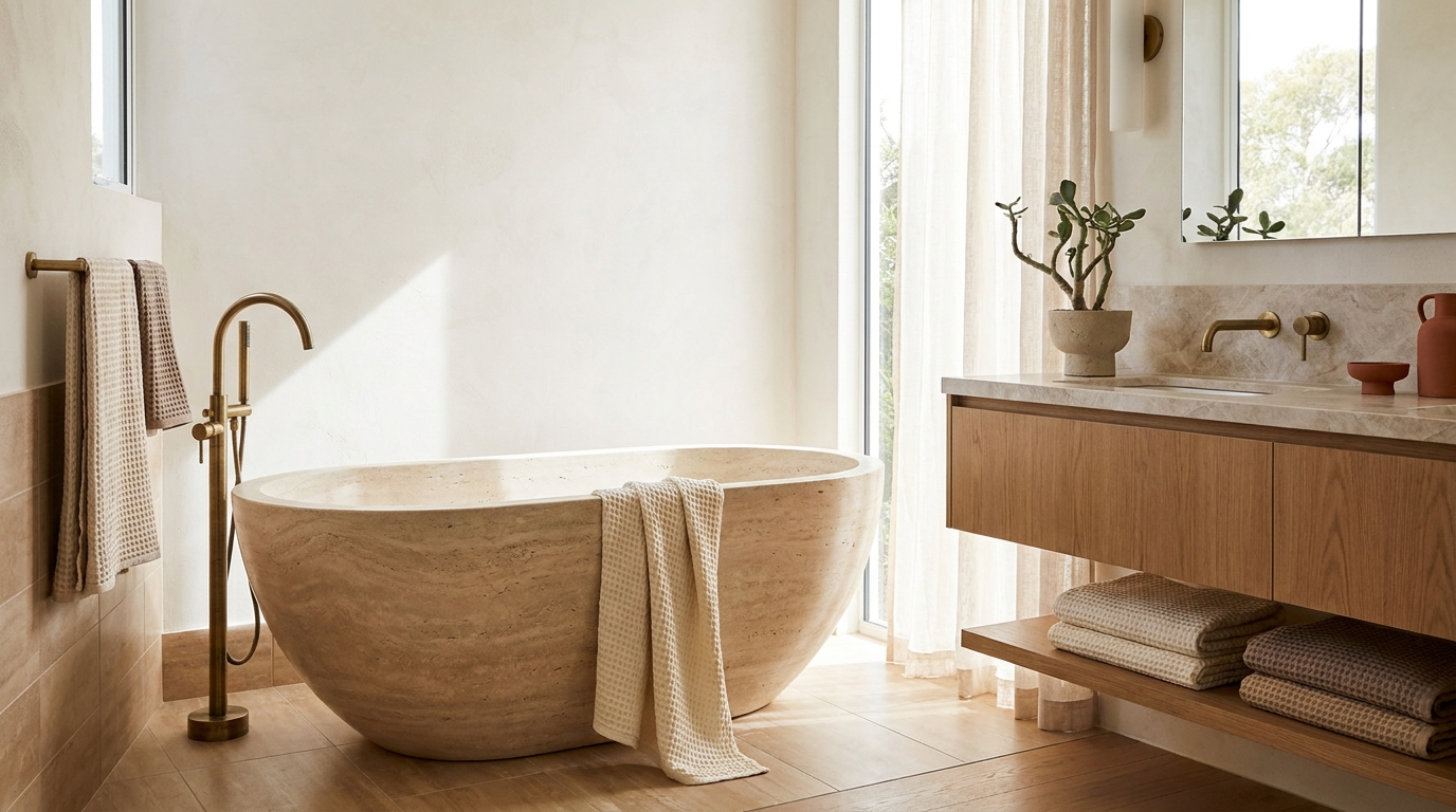 Spa bathroom with travertine accent freestanding tub fantasy and waffle towels