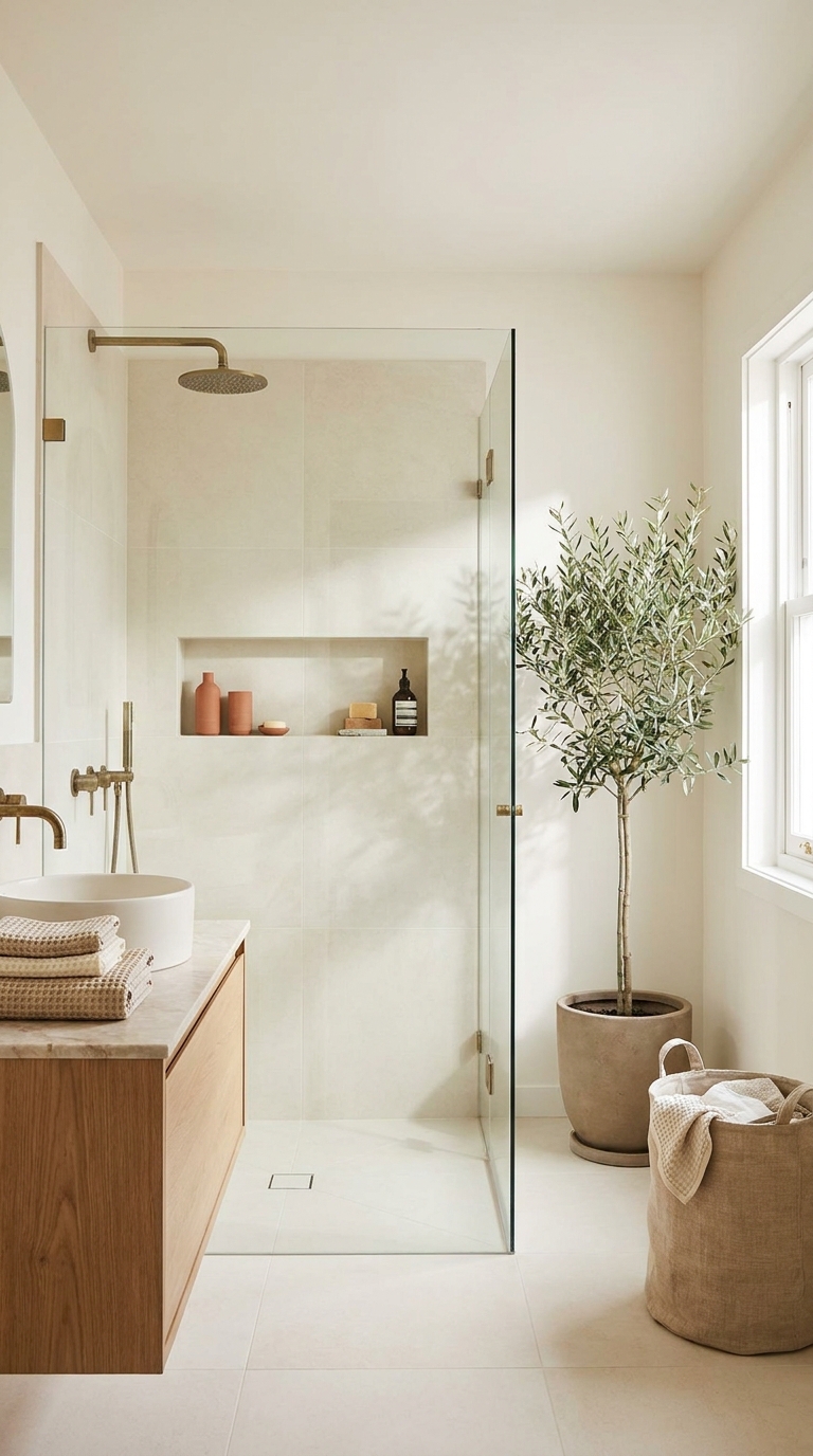 Walk-in shower with glass enclosure and niche