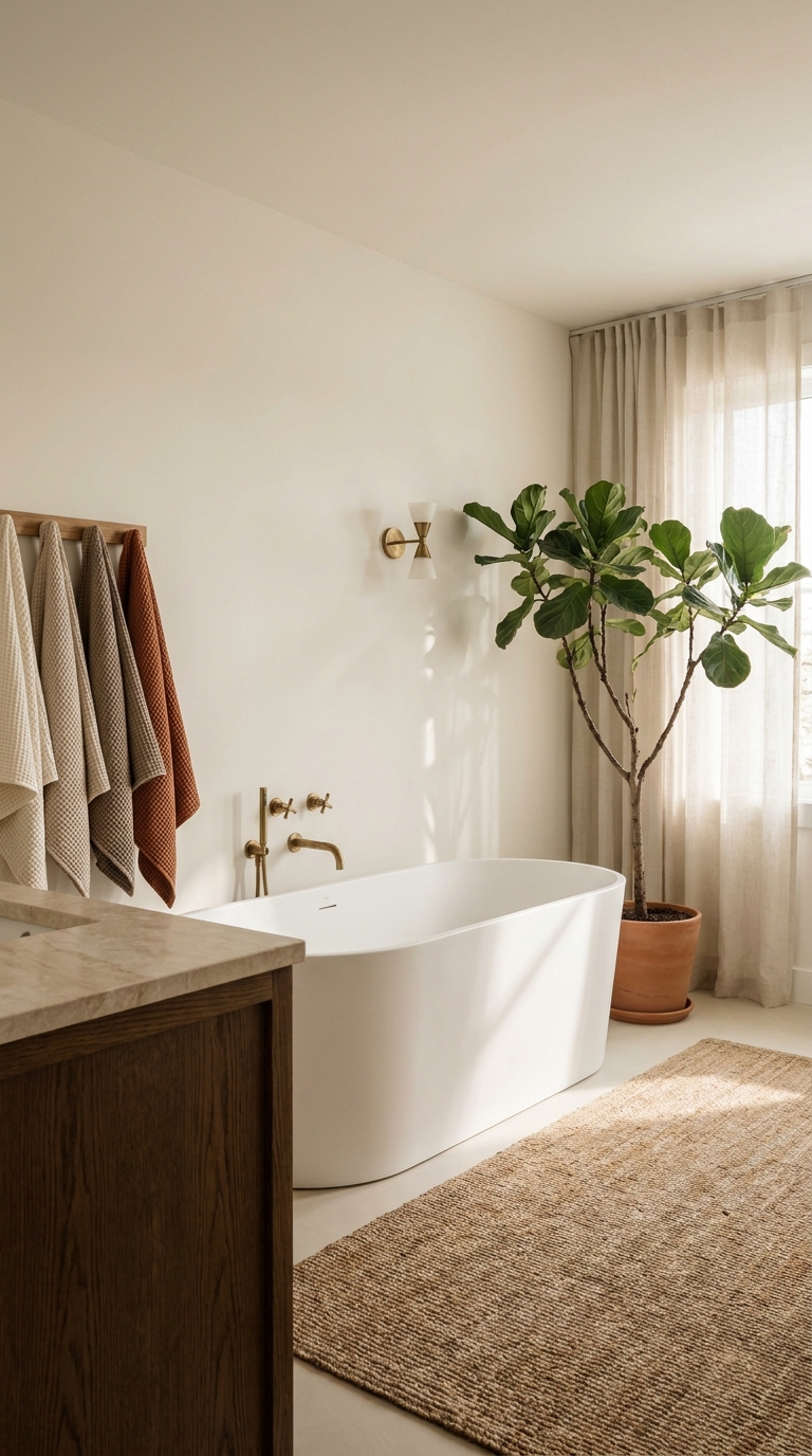 Freestanding bathtub in modern primary bathroom