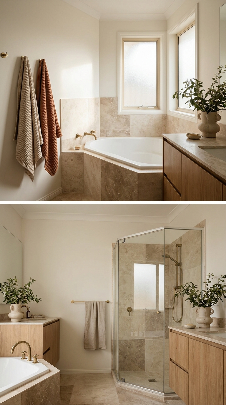 Small bathroom layout comparison: corner tub vs neo-angle shower
