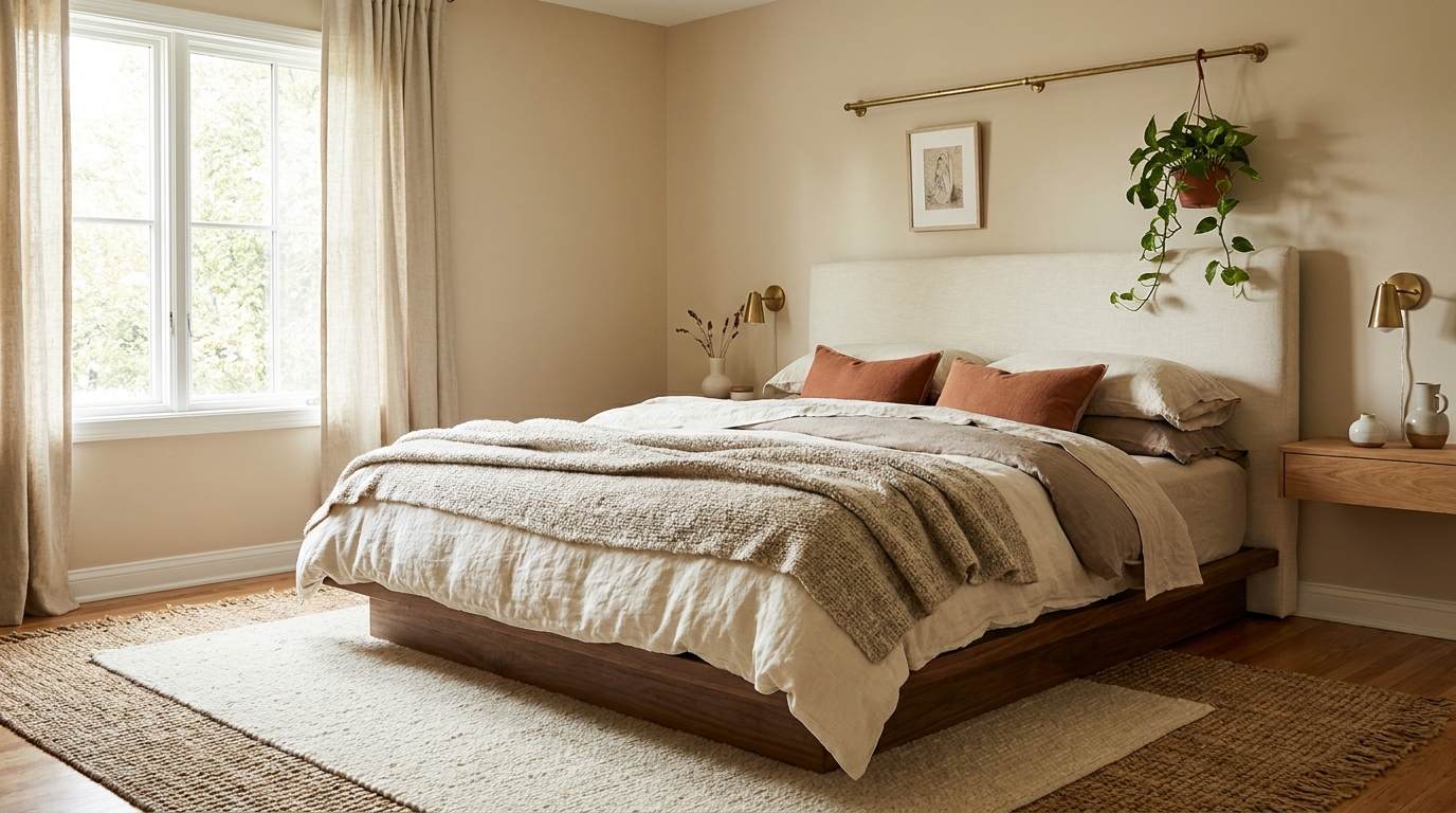 Headboards and layered linen bedding for an aesthetic bedroom
