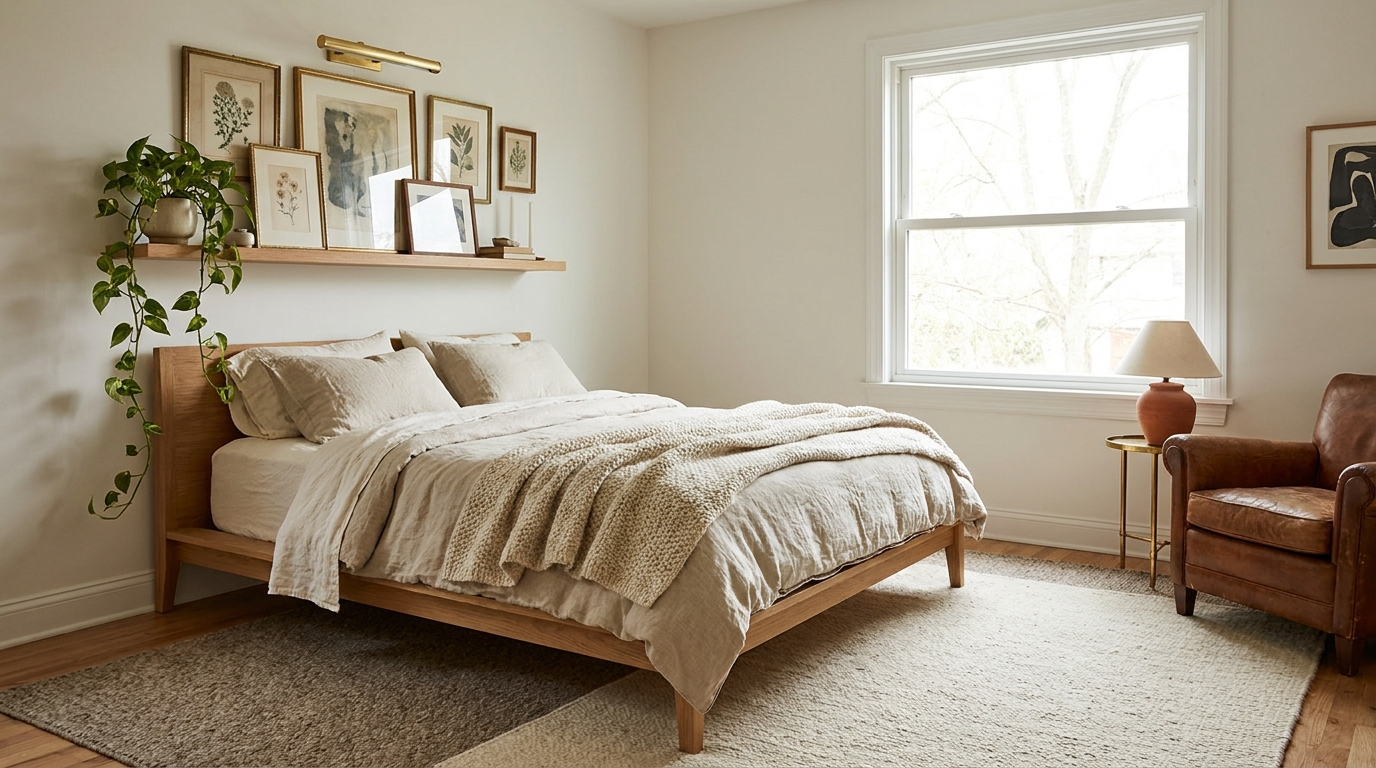 Bedroom lighting and gallery wall art ideas