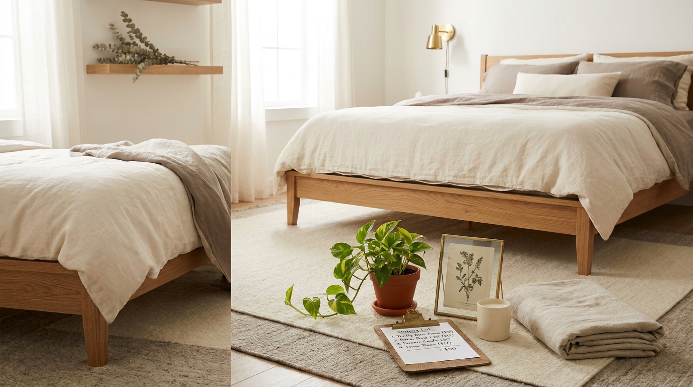 Bedroom decor budget $50 tier shopping list flat lay