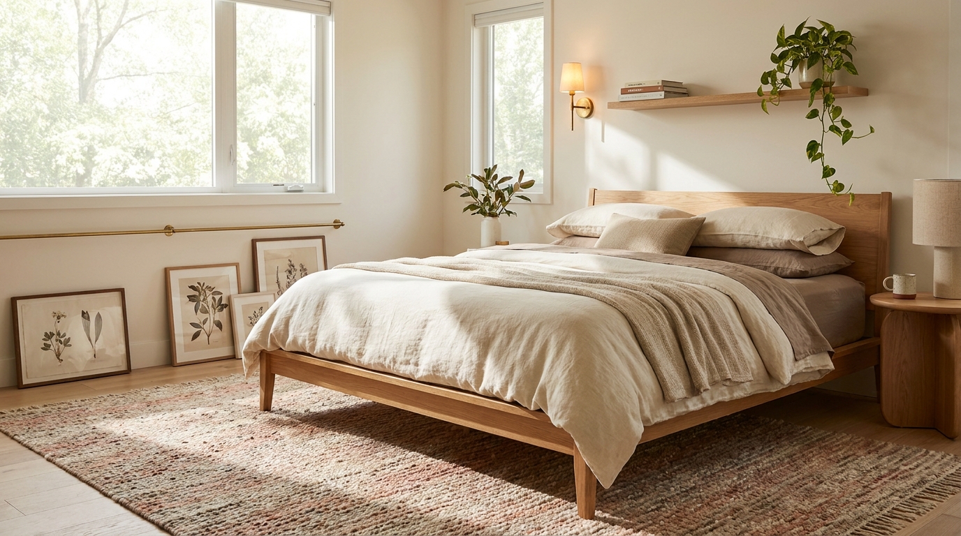 Master bedroom warm minimalist aesthetic with linen bedding and wood nightstand