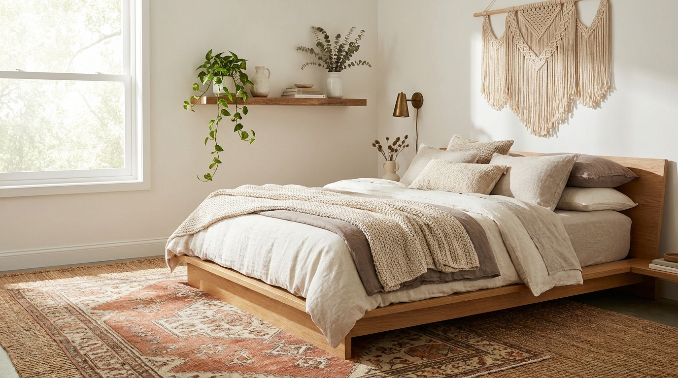 Boho bedroom layered textiles macramé and warm wood tones
