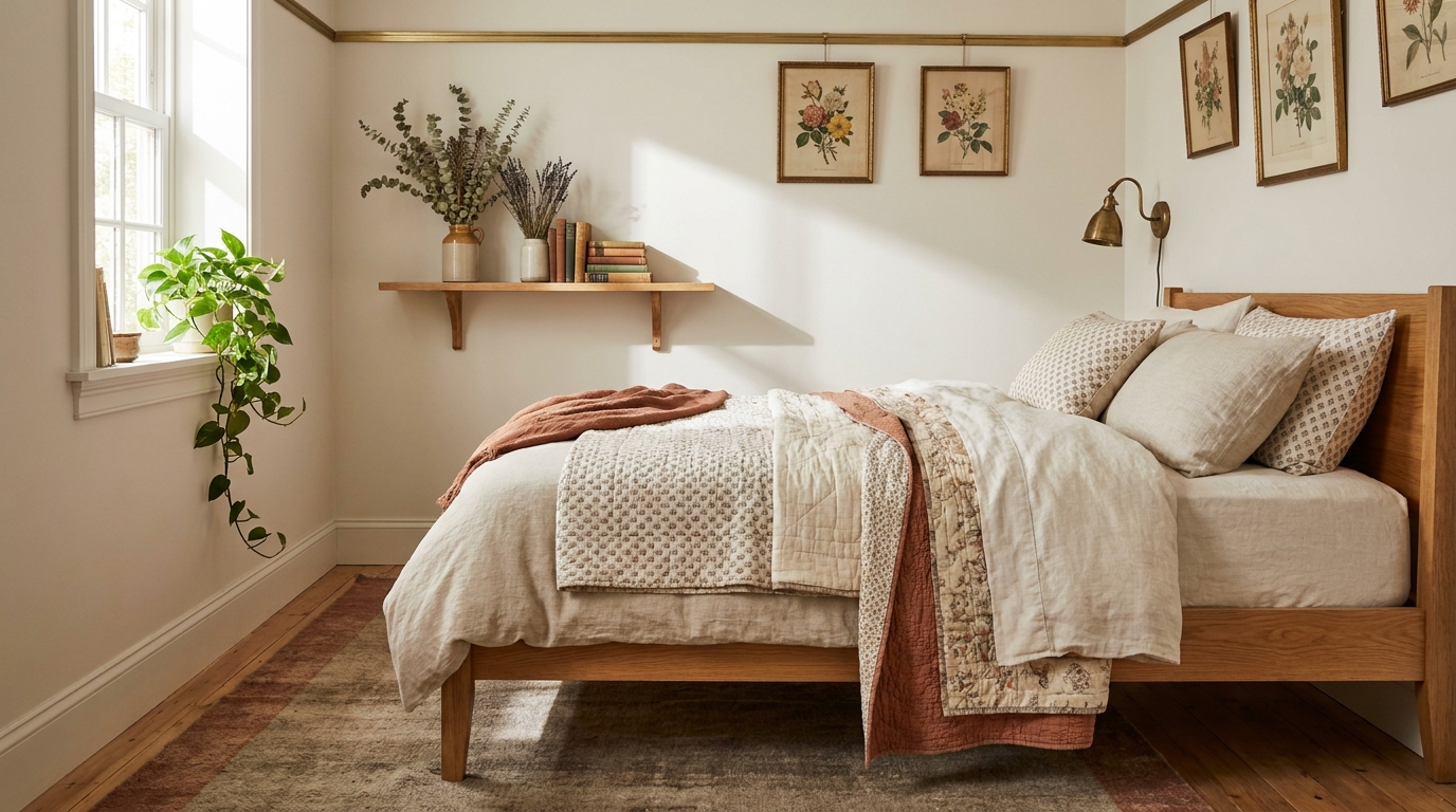 Cottagecore bedroom floral prints vintage linen and dried flowers