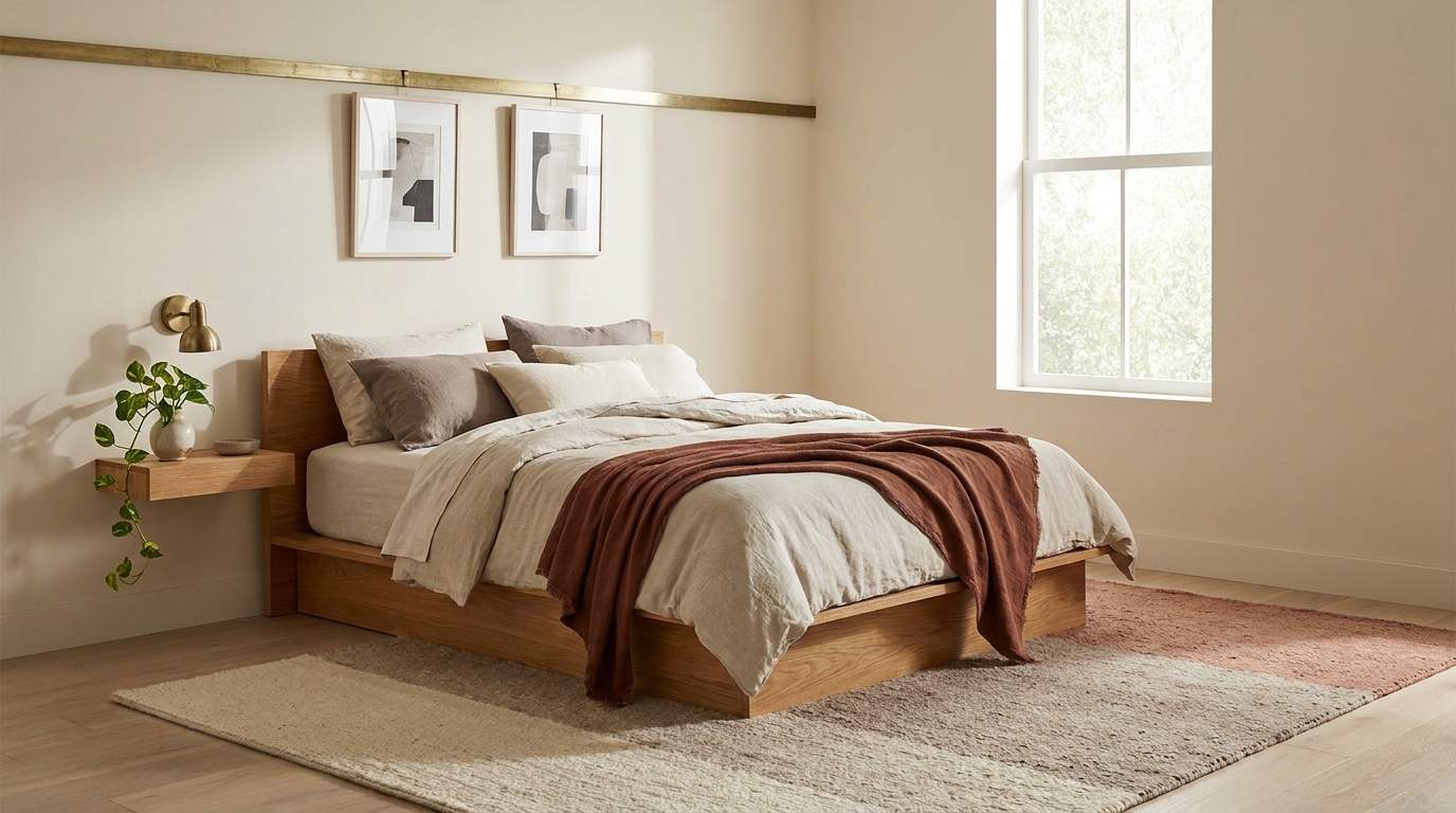 Minimalist bedroom neutral palette clean lines and negative space