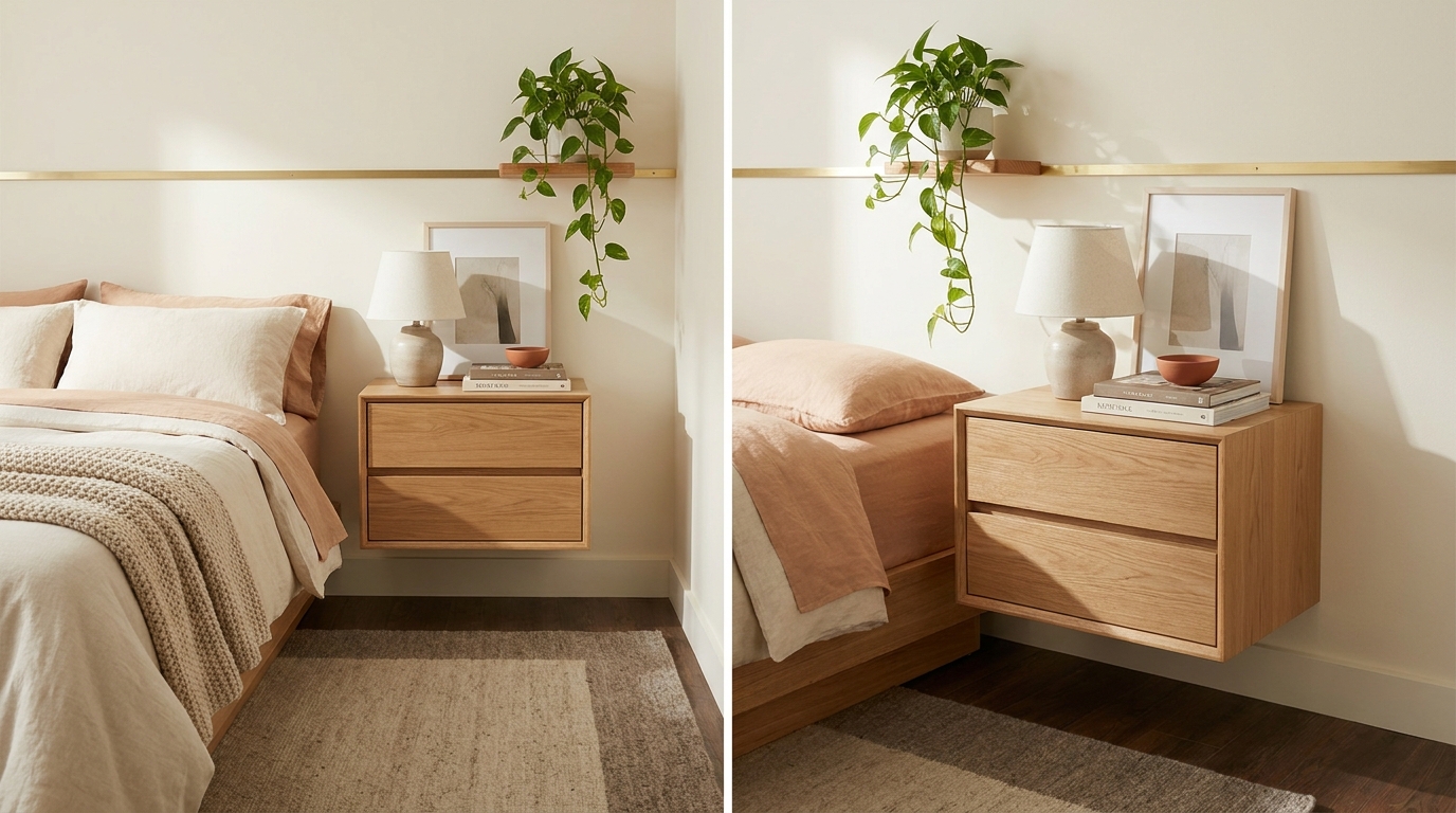 Stacked layered nightstand styling bedroom