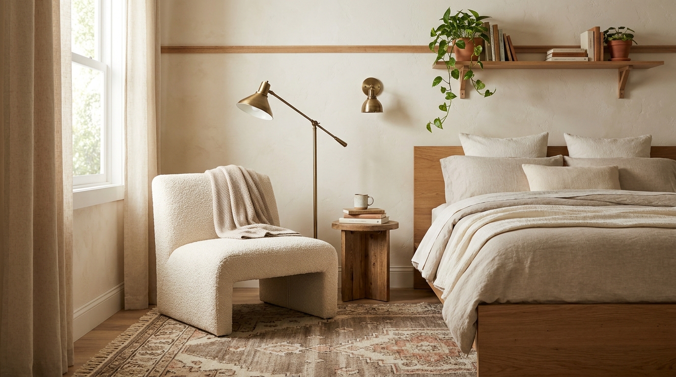 Cozy reading corner bedroom floor lamp and chair setups