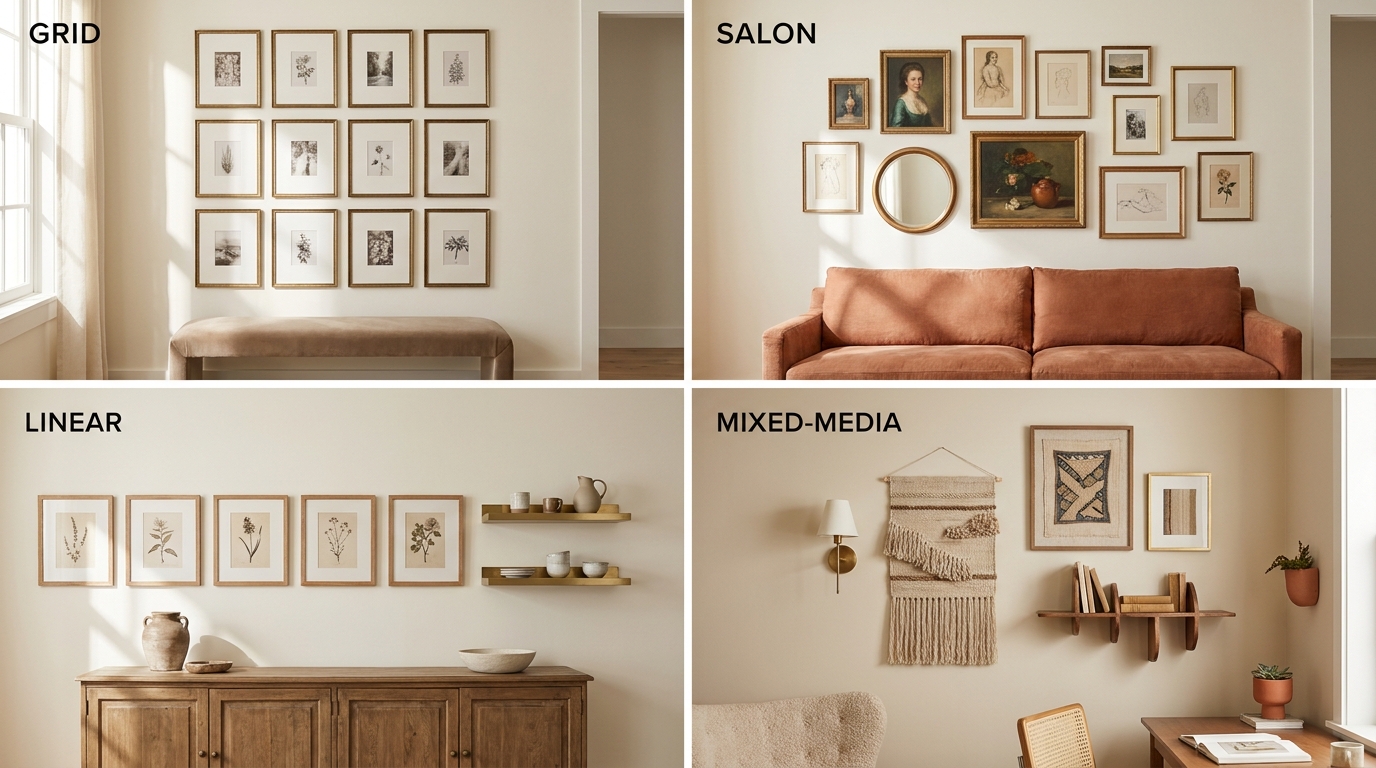 Four gallery wall style diagrams showing grid, salon, linear, and mixed-media arrangements