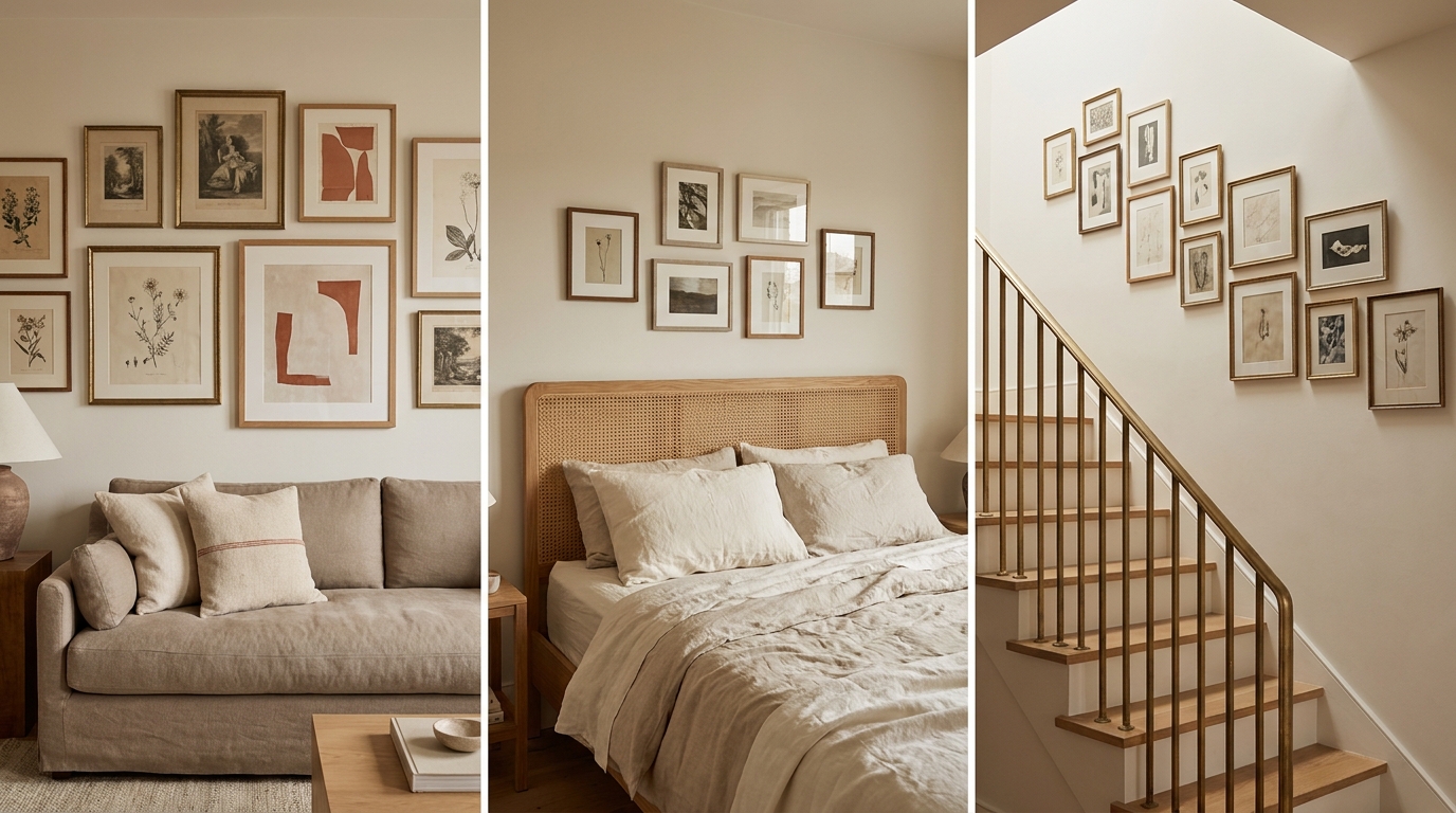 Gallery wall placement diagrams for living room above sofa, bedroom above headboard, and staircase