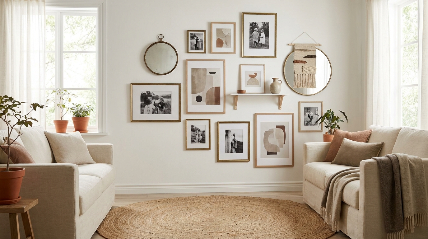 Gallery wall content types showing photos, art prints, mirrors, and 3D objects in one arrangement