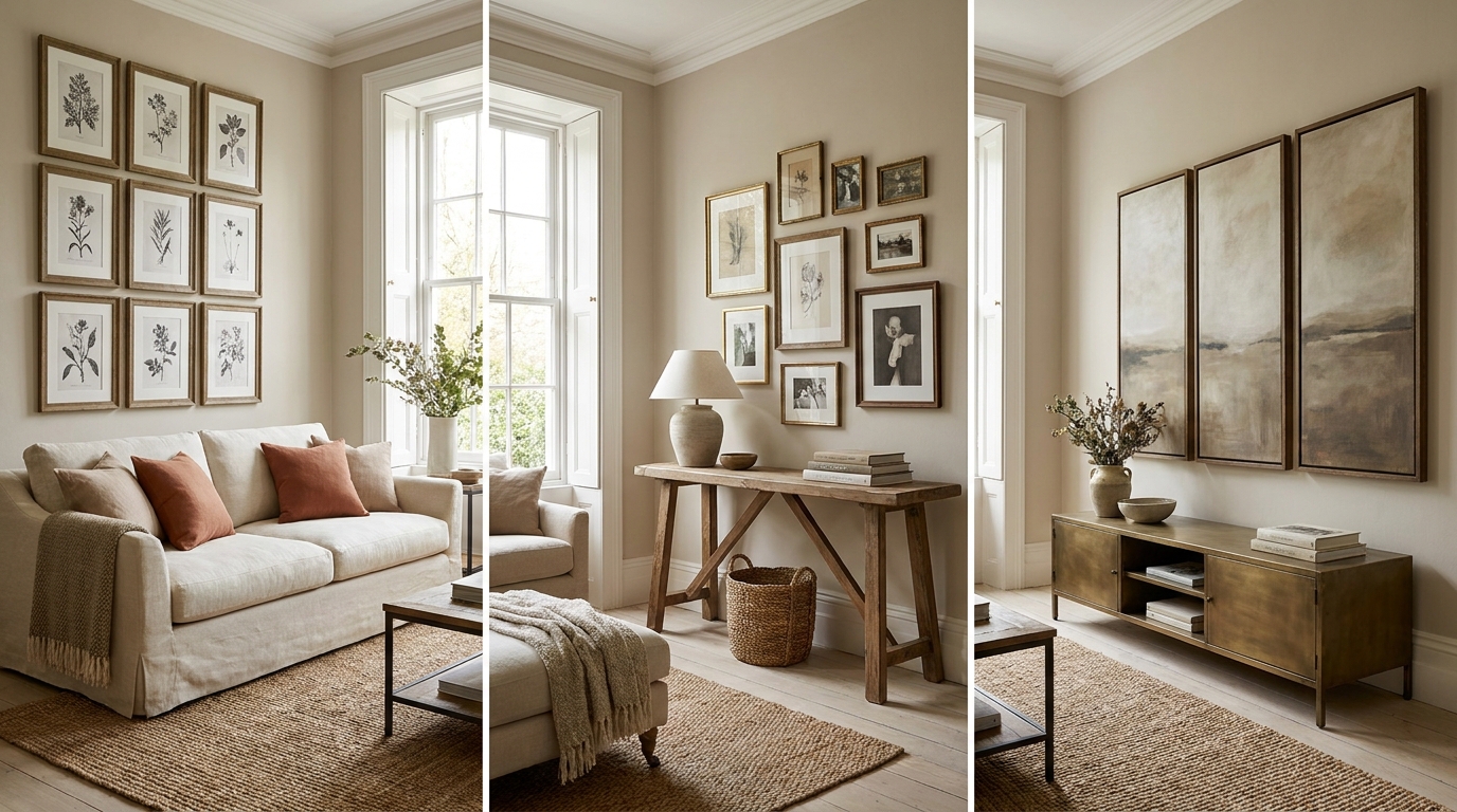Living room gallery wall arrangement ideas — grid, salon, triptych layouts