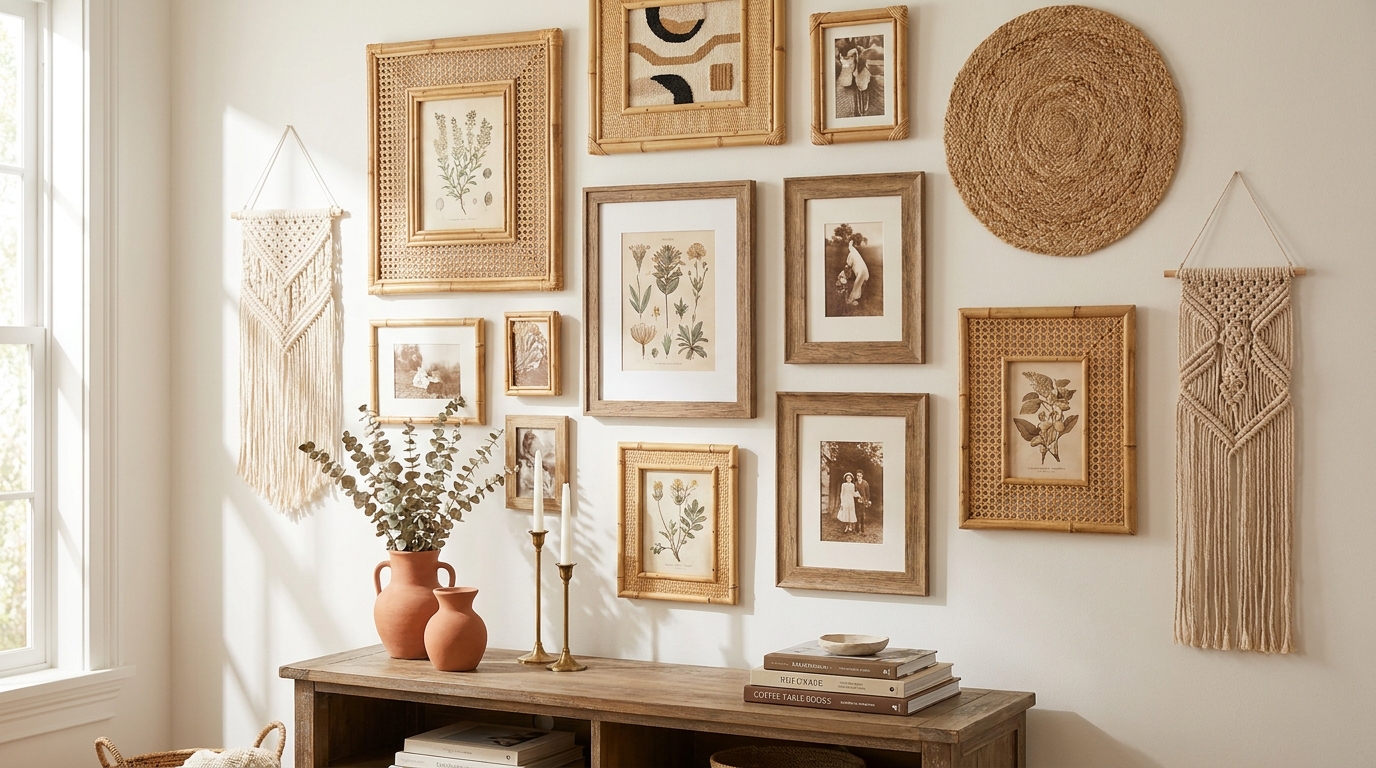 Boho and eclectic gallery wall ideas — rattan frames, macrame mix, eclectic collage