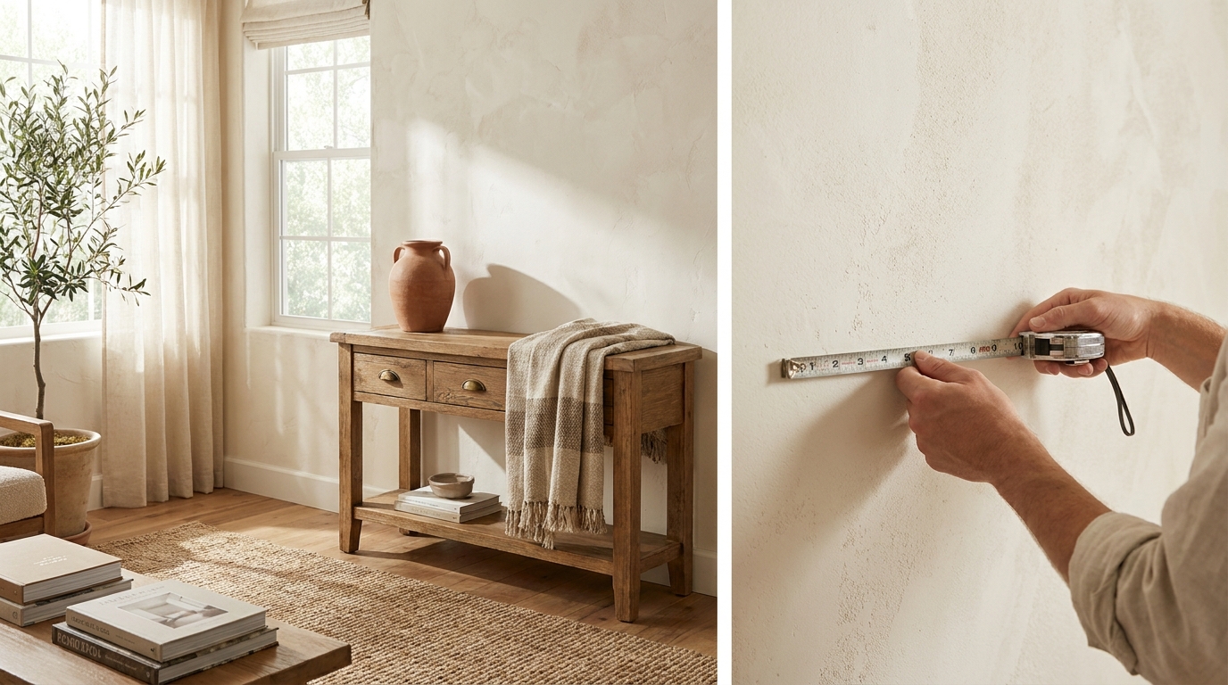 A person using a tape measure on a blank living room wall
