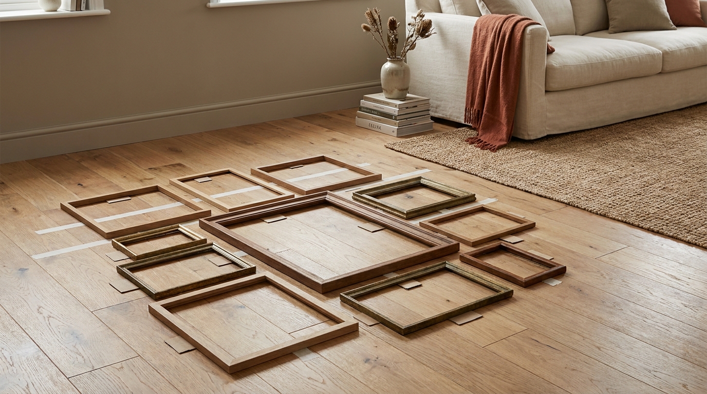 Gallery wall frame layout arranged on a wood floor with spacing visible