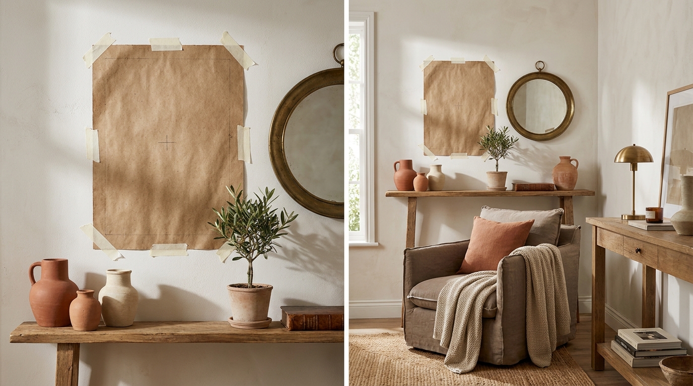 Paper template taped to white wall with pencil mark showing hanging point