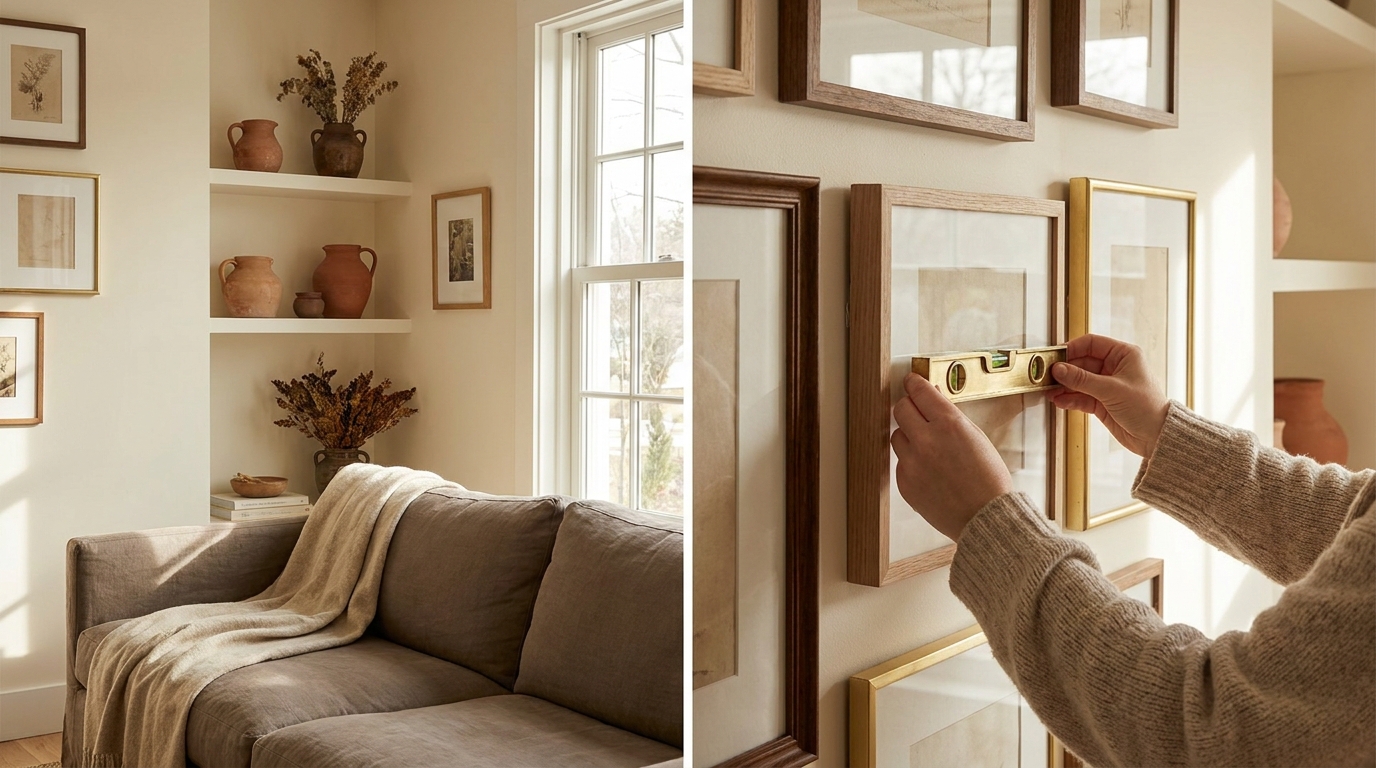 Person adjusting a gallery wall frame with a small level tool