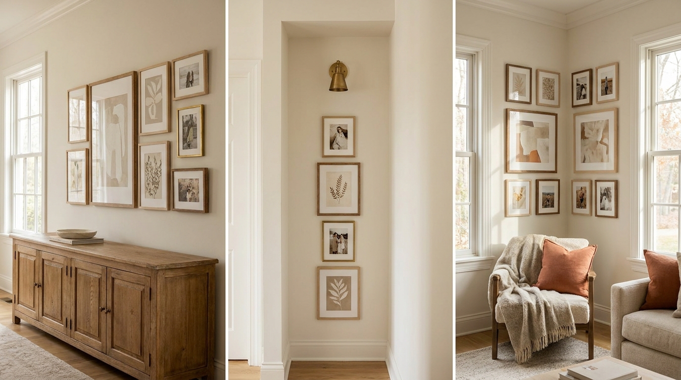 Linear gallery wall layouts showing horizontal row, vertical column, and L-shape