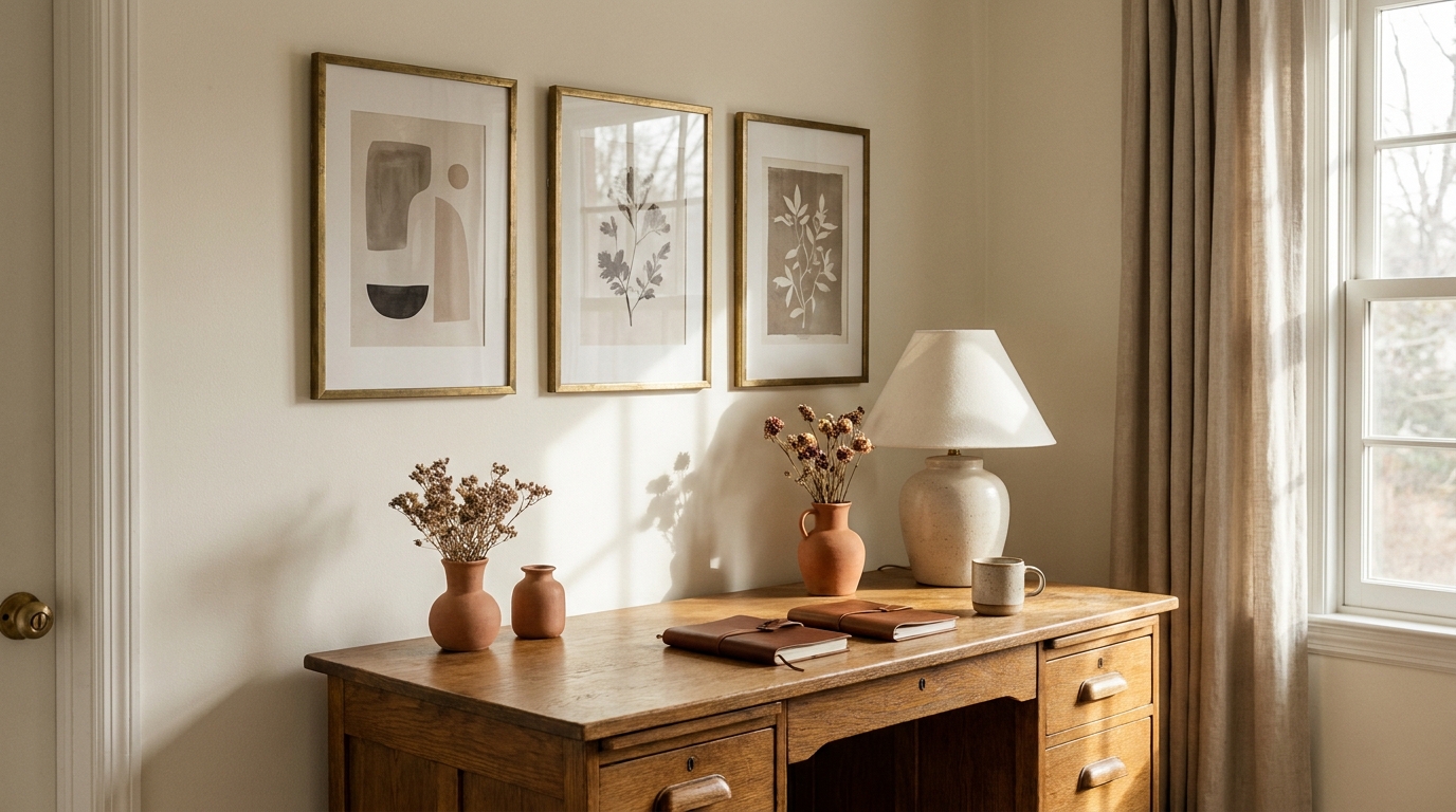 Small wall gallery layout showing 3-frame narrow arrangement above a desk