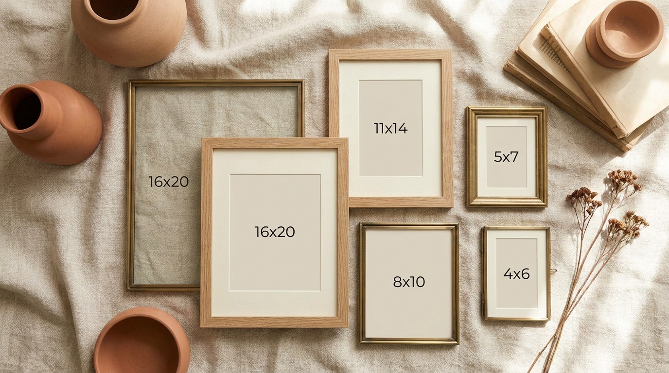Flat-lay of six gallery wall frames showing 16x20, 11x14, 8x10, 5x7, and 4x6 siz