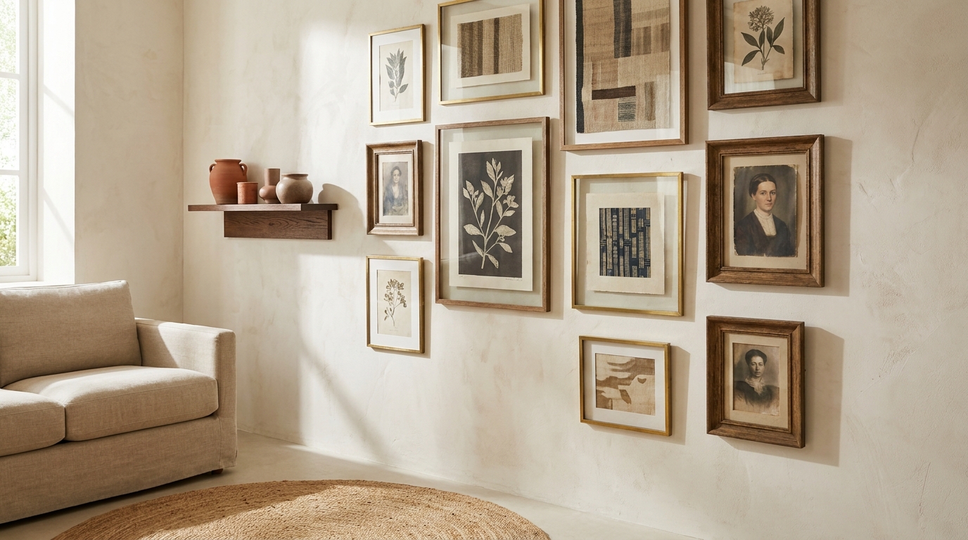 Close-up of gallery wall showing shadow lines from mismatched frame depths versu