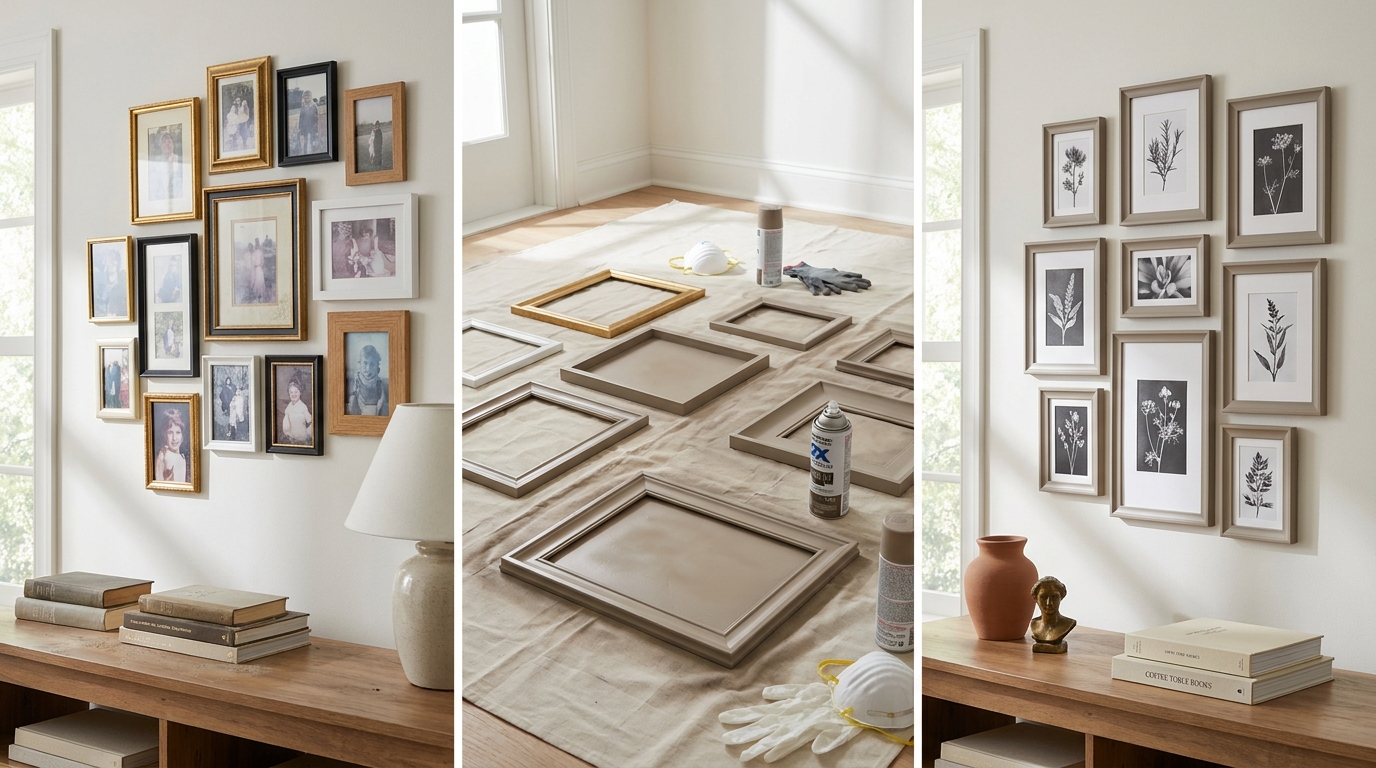 Before and after of mismatched frames unified with spray paint — all frames matt