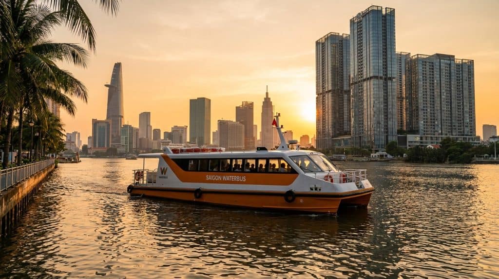 Saigon Waterbus cruising past Q7 Saigon Riverside Complex on the Saigon River at sunset