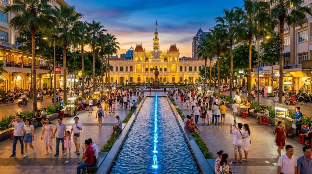 Nguyen Hue Walking Street at dusk looking toward the illuminated City Hall, Ho Chi Minh City