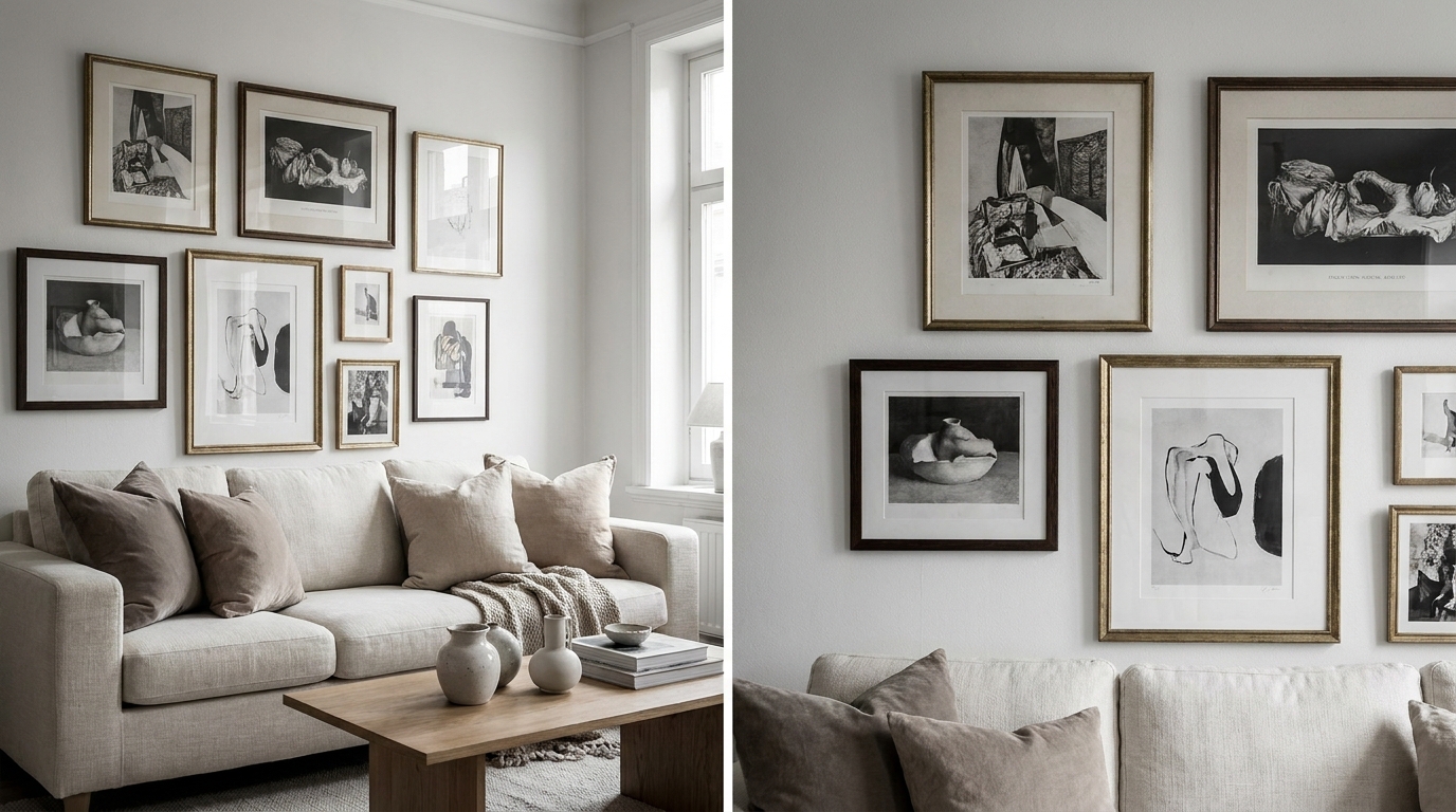 Black and white gallery wall above a neutral apartment sofa — feature