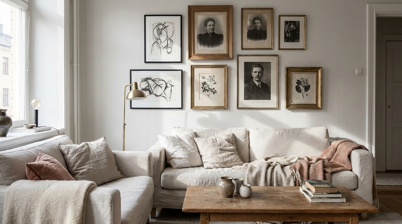 Loose black and white gallery wall over a linen apartment sofa