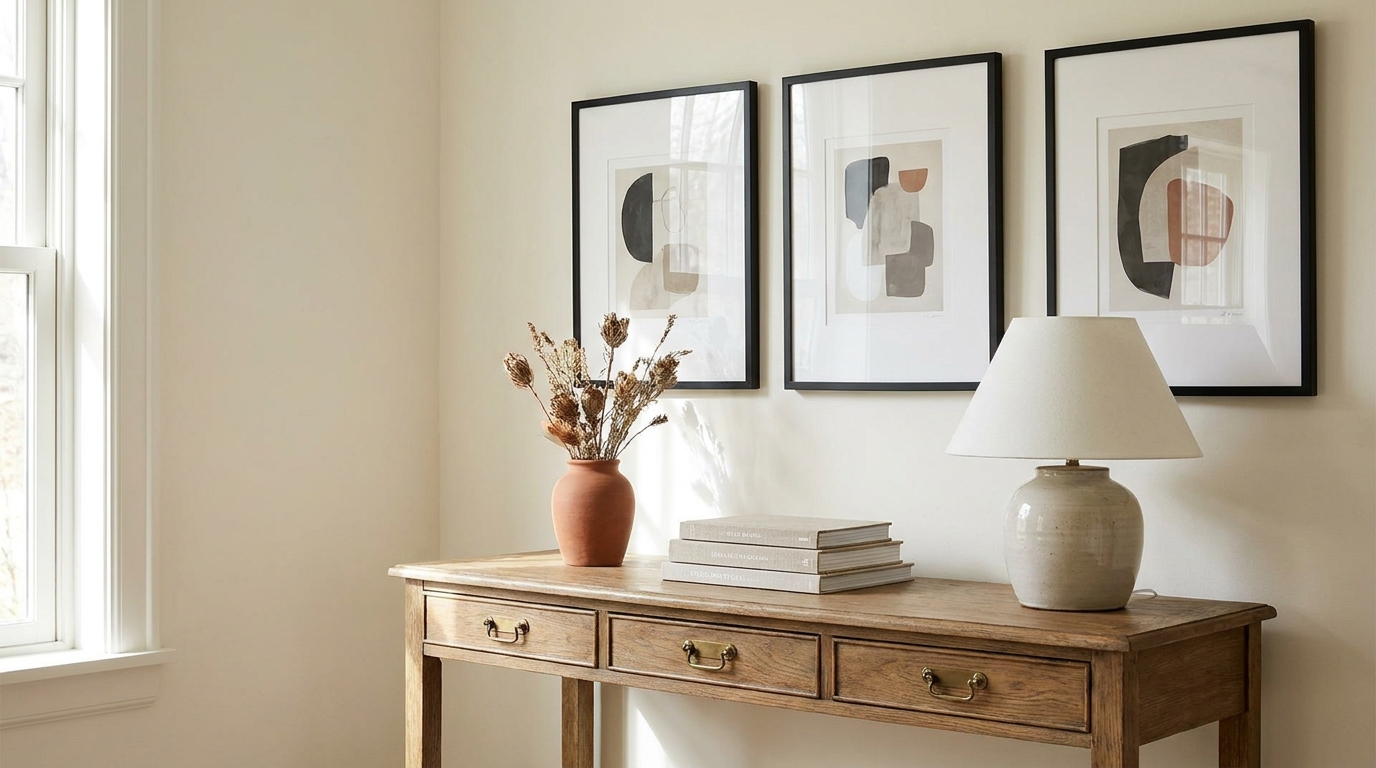 Black frames, white mats, and abstract prints above a console table