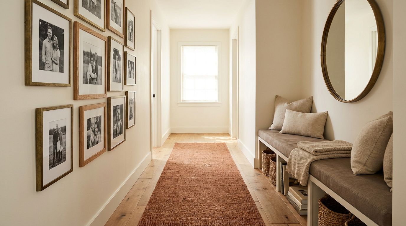 Narrow hallway with black and white family photo grid