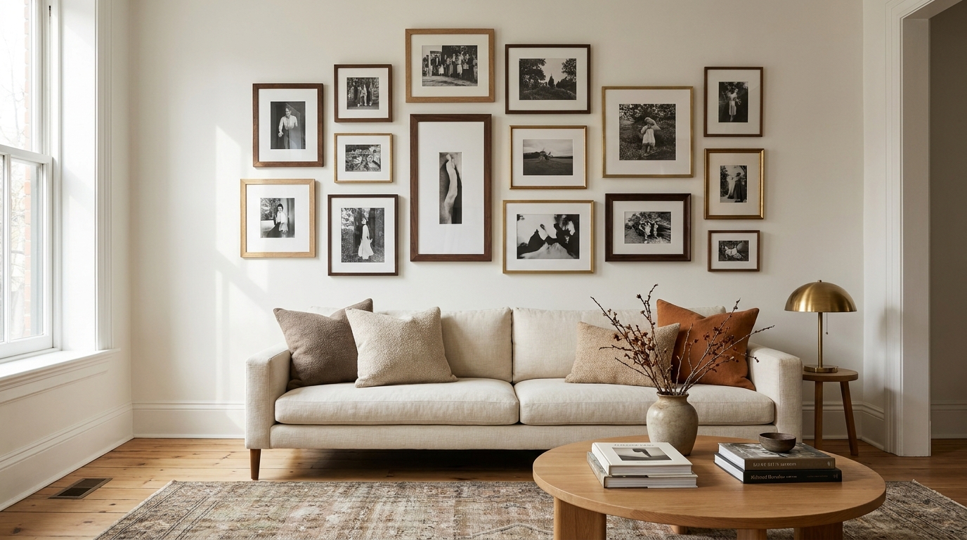Large black and white gallery wall with mixed frames in a rental living room