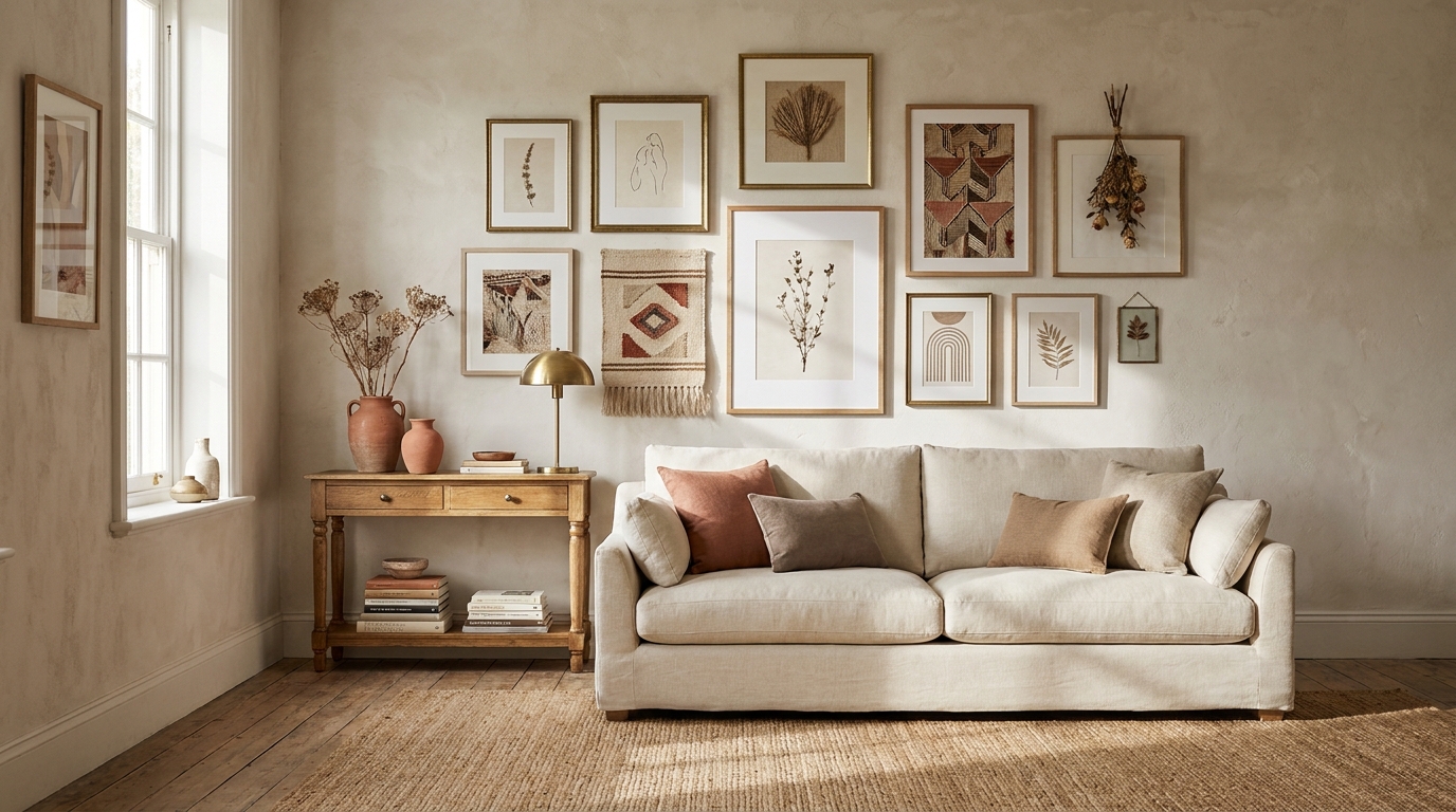 Boho gallery wall paper templates above a linen sofa