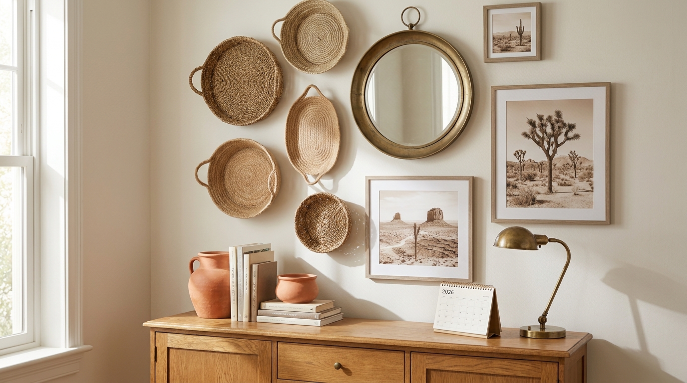 Compact boho wall with baskets, mirror, and framed desert prints