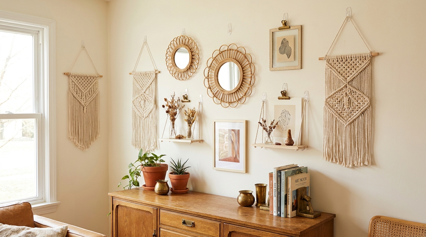 No-drill boho gallery wall with removable hooks and woven textures