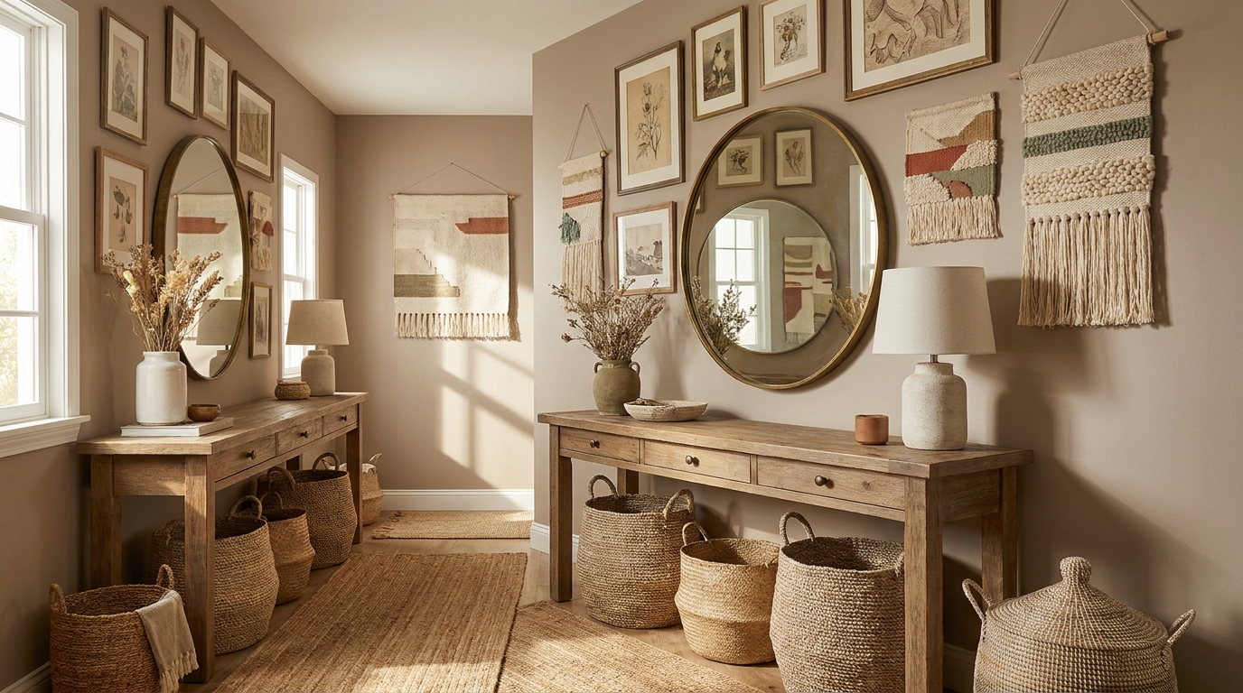 Narrow entryway with boho gallery wall, mirror, baskets, and console