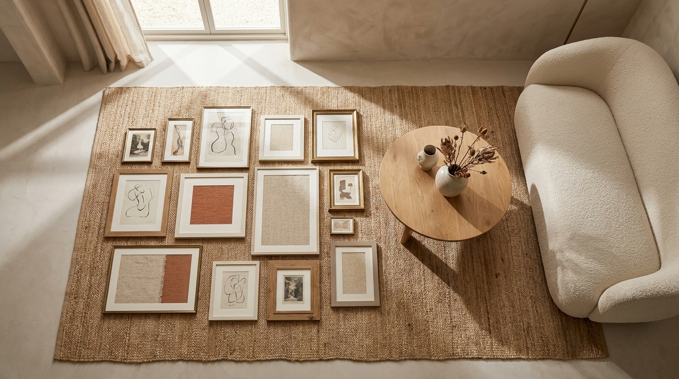 Floor layout of mixed gallery frames arranged before hanging
