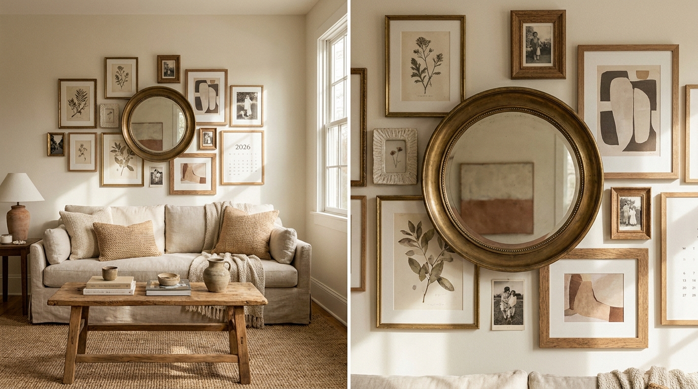 Neutral living room gallery wall with layered frames and a mirror