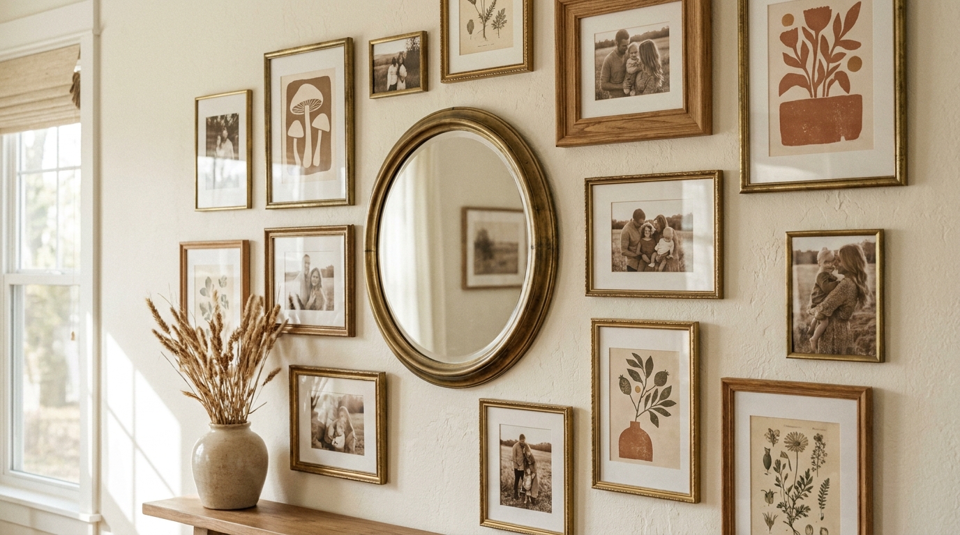 Gallery wall close-up with family photos, art prints, and brass frame accents