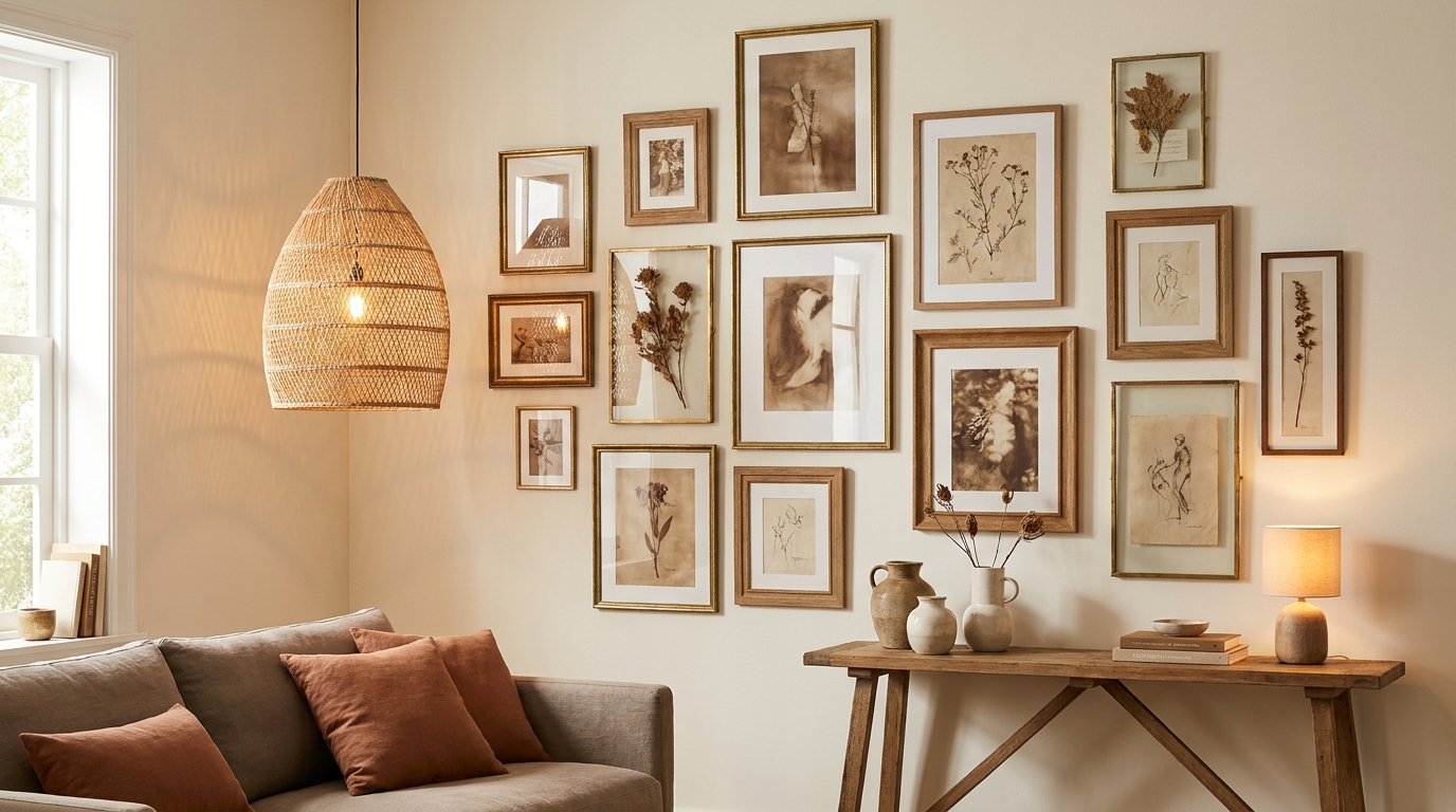 Modern living room gallery wall styled with layered frames and warm lamp light