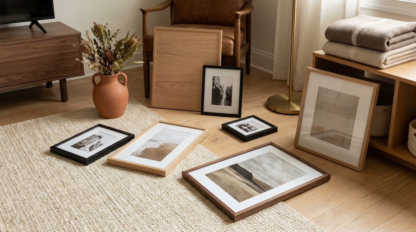 Wood and black picture frames arranged on a neutral apartment floor