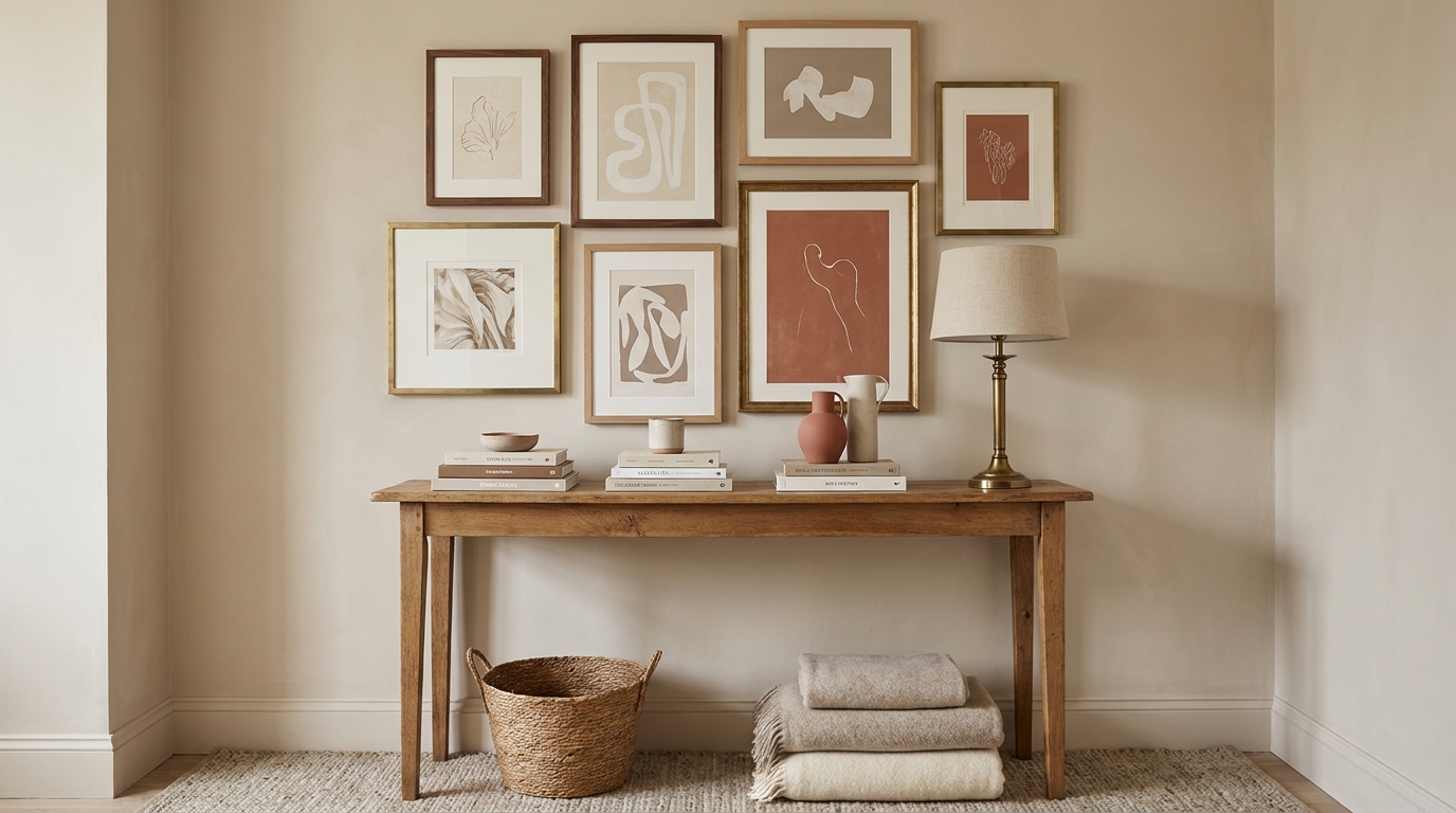 Warm wood gallery frames above a small console table with books